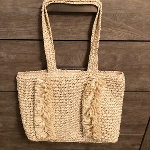 LOFT Fringed straw purse